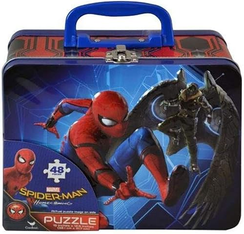 Spiderman Homecoming - Caja de lata de 48 piezas con rompecabezas interior, 7.5 x 6 x 3 pulgadas, rojo, azul y multicolor
