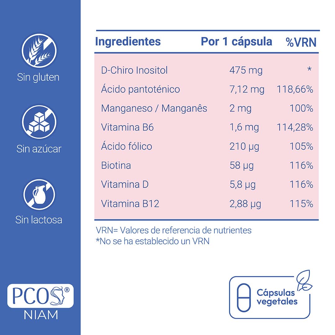 [60 cáps] PCOS NIAM | Para 2 meses | D-Chiro Inositol SOP | Con Ácido Fólico, Biotina, Vitamina B12, B6 y D3 | Suplemento Ovarios Poliquísticos | Regulación Hormonal | Ácido fólico, biotina y vitaminas B6, B12 y D3 | Suplemento Ovarios Poliquísticos | 60
