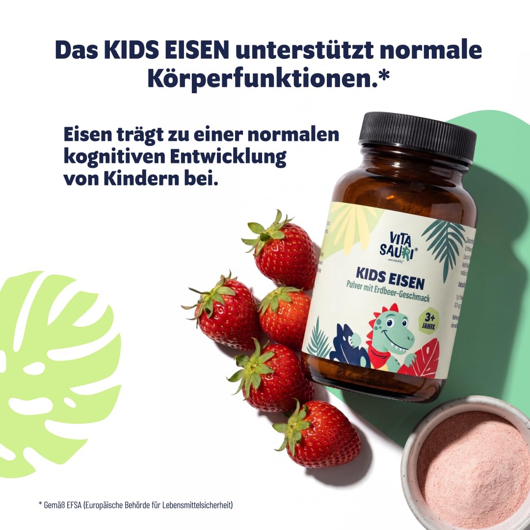 Kids Eisen - Eisenpulver für Kinder mit Lactoferrin & Vitamin C aus Acerolaextrakt - Leckerer Erdbeer-Geschmack - Vegetarisch - Ohne Zucker (65 g)
