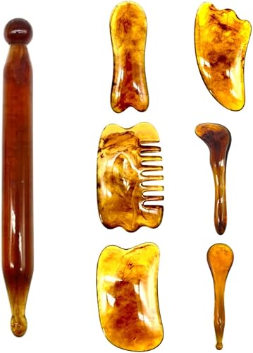 Miniatura 4 de Paquete de 7 herramientas de raspado facial y masaje de resina natural, herramientas de belleza facial y cuidado de la piel, herramientas para el