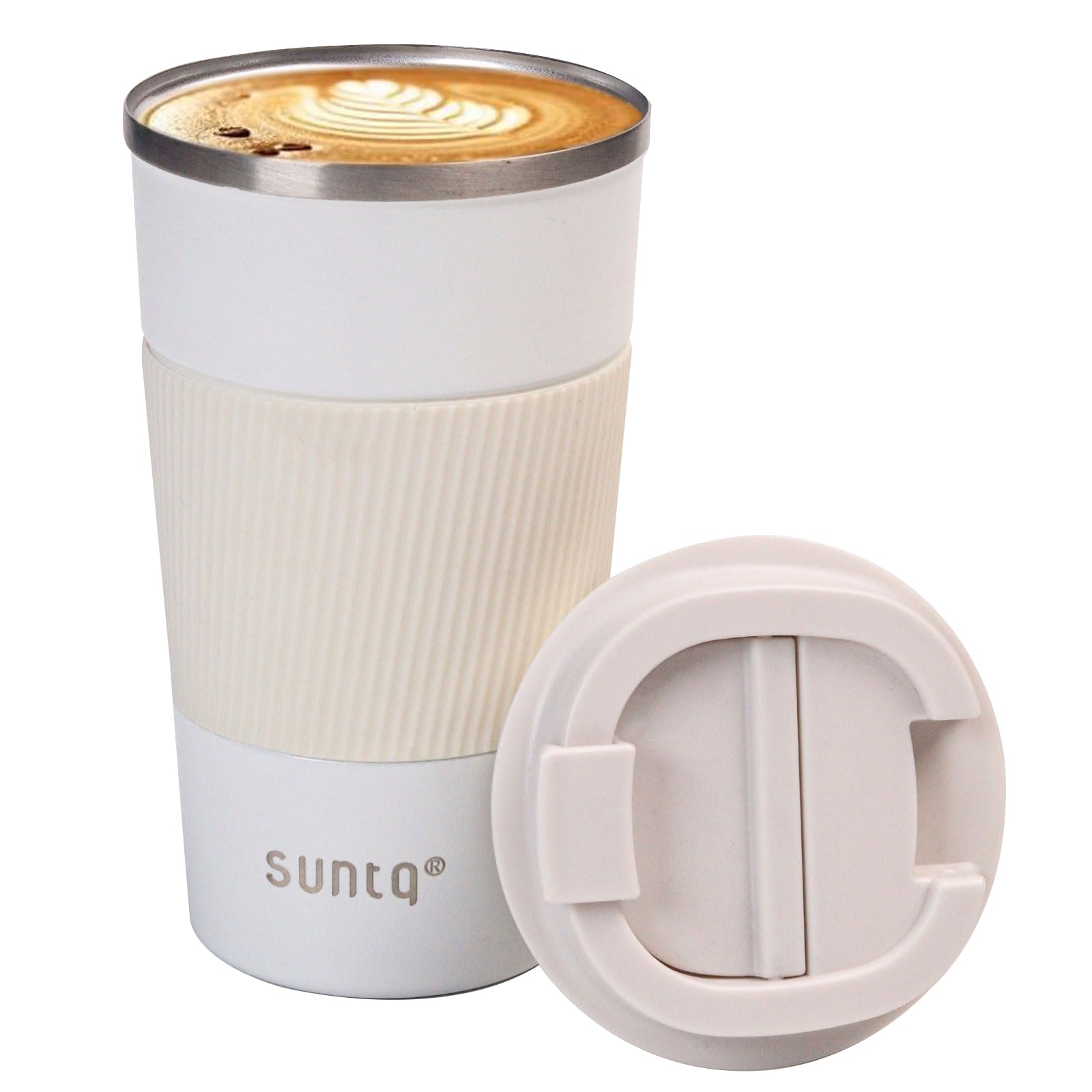 SUNTQ Kaffeebecher to go Thermo aus Edelstahl - Thermobecher mit Gummierte Manschette Doppelwand Isoliert - Kaffeetasse mit Auslaufsicherem Deckel Wiederverwendbar