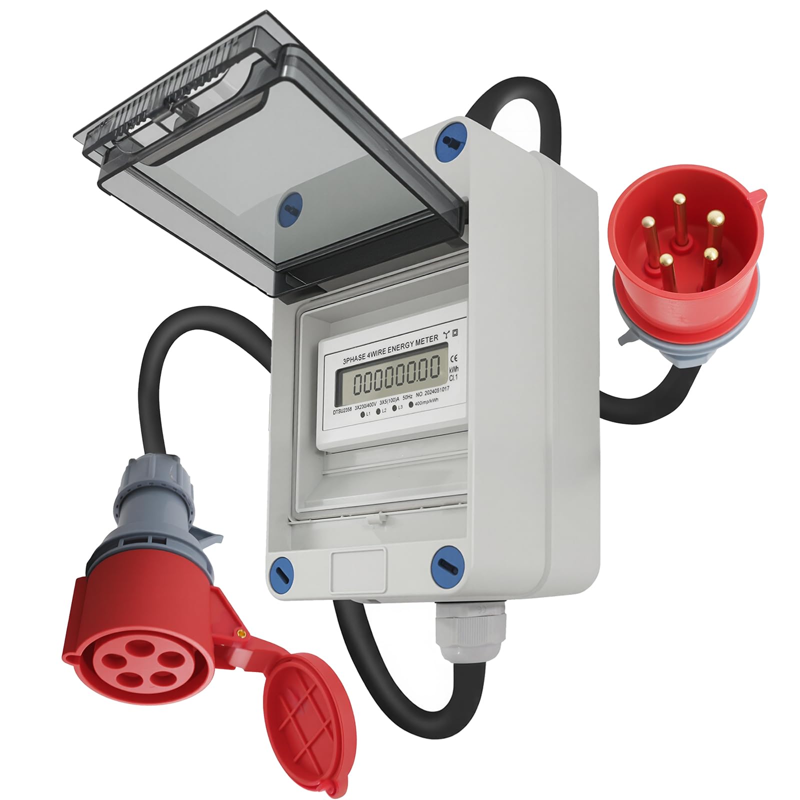 Contatore elettrico mobile da 16 A, trifase 400 V con spina e presa CEE, cavo da 2 m, calibrazione MID, IP44, per camper, auto elettriche, campeggio, industria