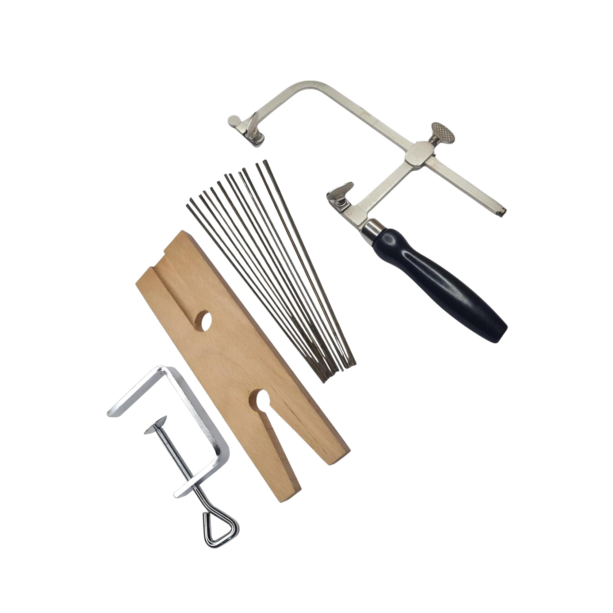 Kit de scie professionnelle 3 en 1 pour bijoutier – Cadre de scie réglable, 144 lames (tailles 1/0–2) et broche d'établi en bois avec fente en V avec pince – Fabrication de bijoux, bois, métal et
