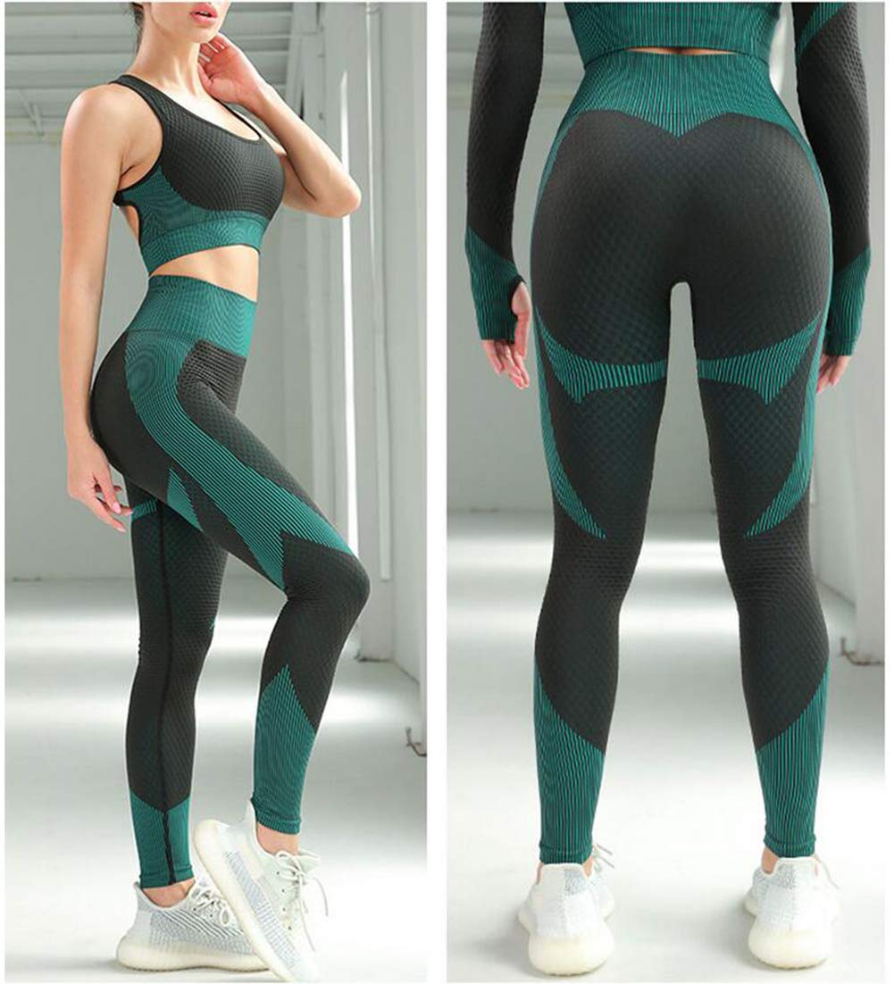 3 szt. Bezszwowe Zestawy Odzieży sportowej, Strój do Ćwiczeń 3 Sztuki dres Legginsy do Jogi i Elastyczny Biustonosz Sportowy Zestaw Ubrań na Siłownię (S, Pawi niebieski)
