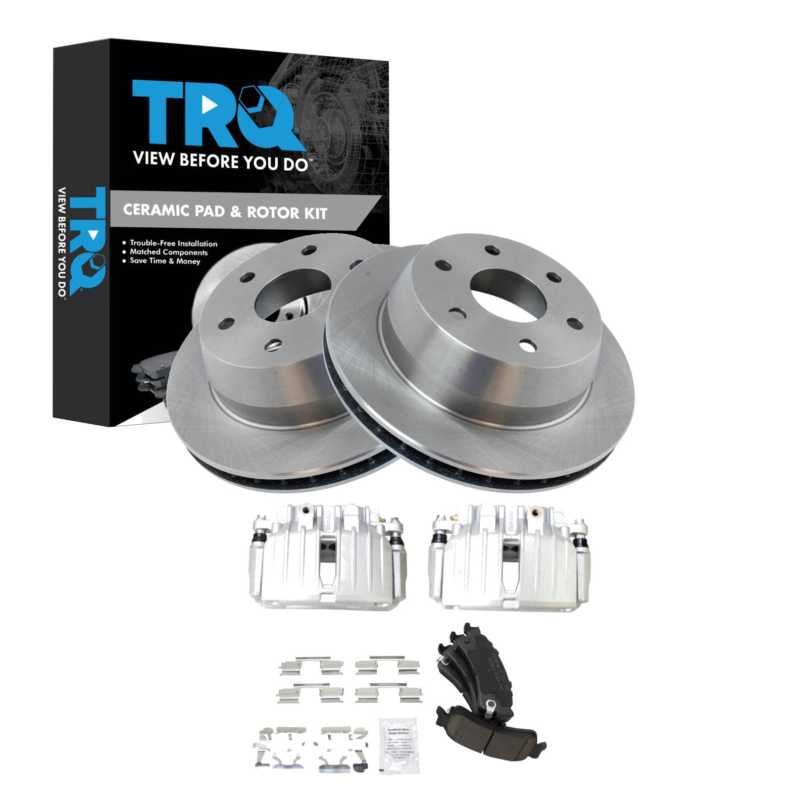 TRQ Rear Brake Pad &amp; Rotor Kit Ceramic Compatible with 2002-2006 Chevrolet Silverado 1500 2000-2001 GMC Yukon XL 1500