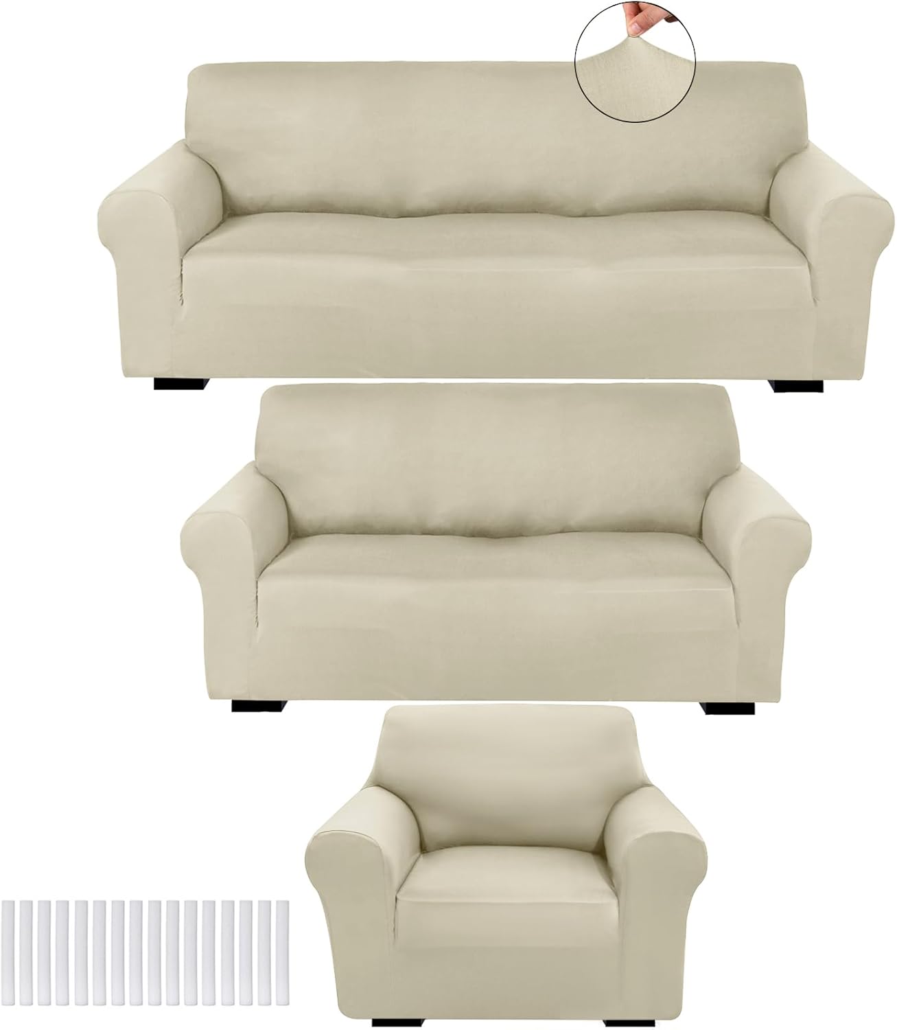 Peryiter 3 Pcs Slipcover Set for Couch Furniture Covers for Sofa Loveseat Couch Arm Chair, Form Fit Stretch, Wrinkle Free, Furniture Protector(Beige,Milk Silk Spandex) Beige Milk Silk Spandex