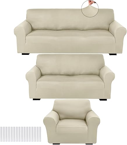 Peryiter Juego de 3 fundas para muebles de sofá, sofá biplaza, sillón, sillón, ajuste elástico, sin arrugas, protector de muebles (beige, elastano