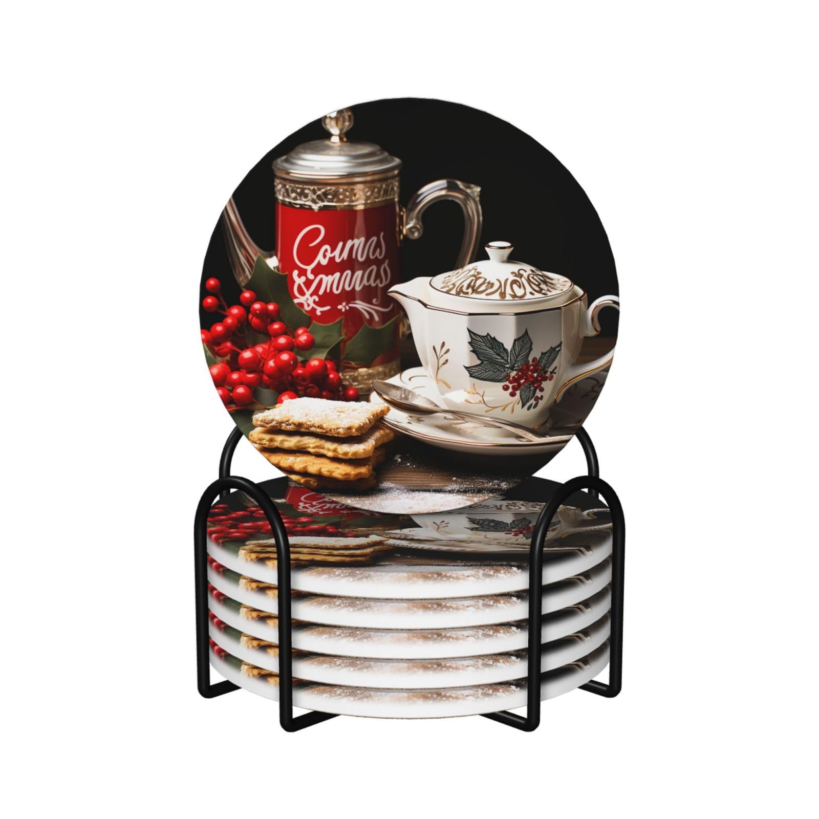 6Pcs Ceramics Coaster for Drinks, Christmas Tea Time Cup Coasters with Holder, Aesthetic Drink Coasters for Coffee Table, Absorbent Round Coaster for Tabletop Protection 4" Cup Mat Pad