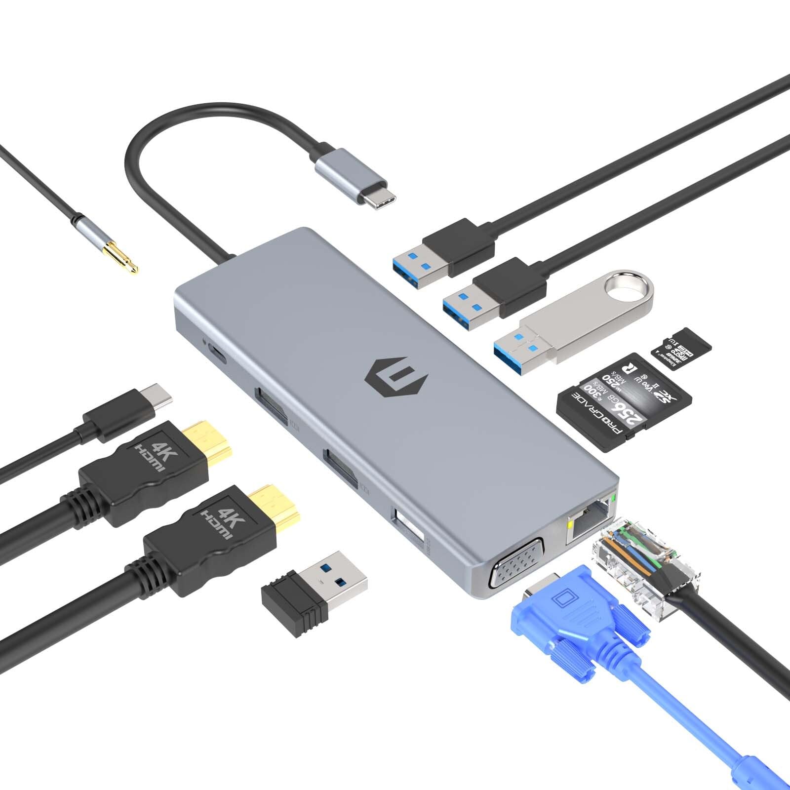 USB C Hub,TOTU 13-in-1 USB-C Dock, with Dual 4K HDMI Ports, 100W Charging, Gigabit Ethernet, USB 3.0, Card Reader, and More, for USB C Laptops, Consolidate All Your Connections