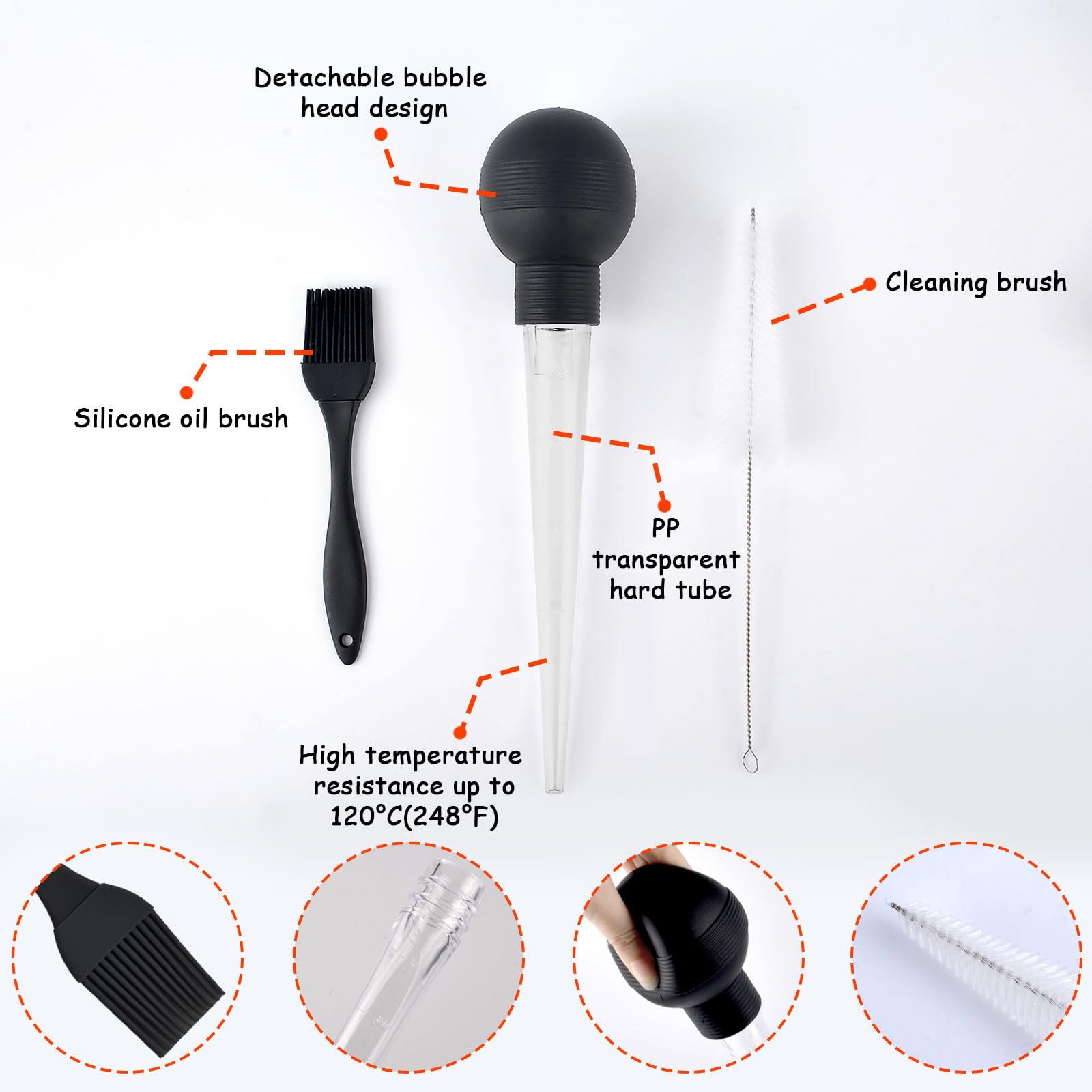 Set di 4 pasticci per tacchino in silicone, ago per marinatura, spazzola barbecue, pulizia (nero)