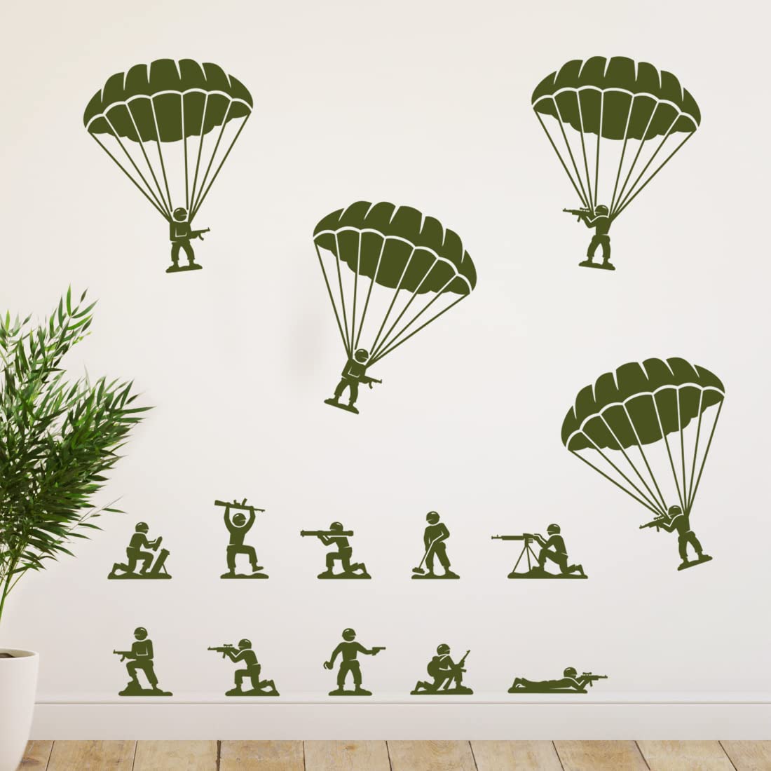 Wall4stickers Boys Green Helicopter Soldiers Army Wall Stickers, Military Vinyl Decals, 'S Room Decoration, Paratroopers Parachute From Helicopter
