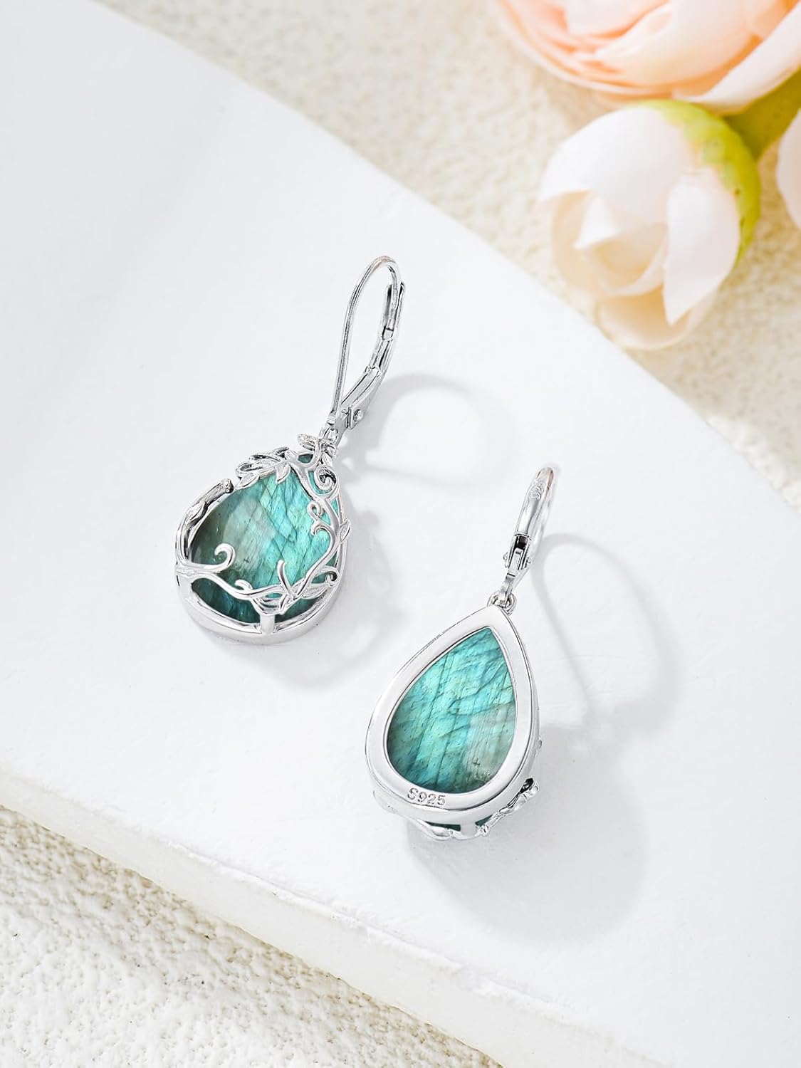 HPQQ Celtic Filigree Earrings 925 Sterling Silver Teardrop Gemstone Dangle Earrings Fine Jewelry Gifts for Women