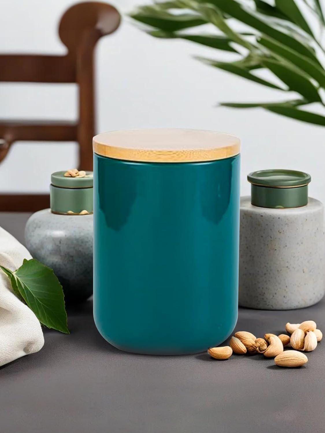 Kuber Industries 800ml Ceramic Jar for Kitchen Storage | Air Tight Container Set with Bamboo Lid | Kitchen Container for Snacks, Tea, Sugar | Multipurpose Organizer | Teal | Pack of 2