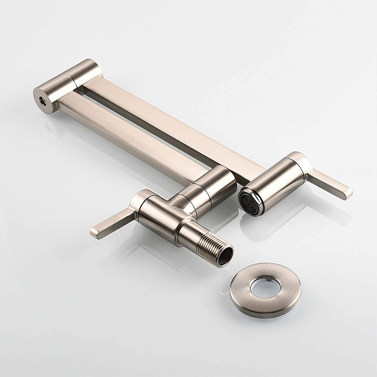 Faucets,Kitchen Sink Tap Brass Single Cold Water Taps Folding Pot Filler Faucet with Dual Joint Swing Arm, Wall Mount Handle Hole,Brushed,Brushed Nickel