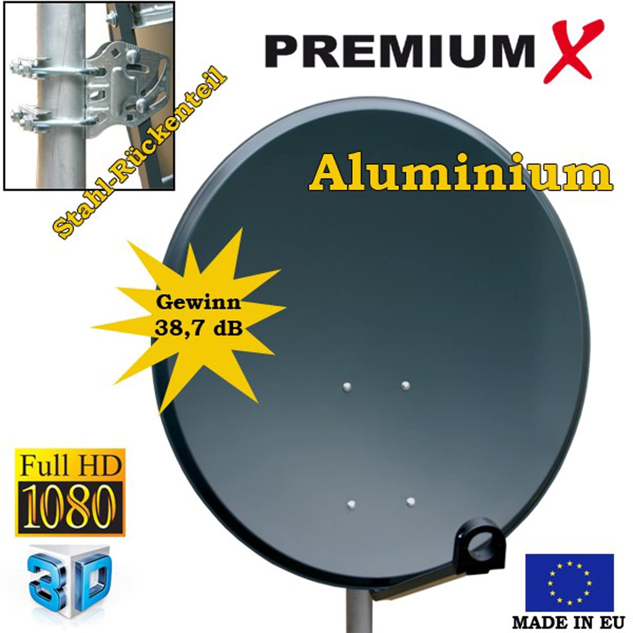 PremiumX Camping Satelliten-Komplettanlage 80cm Satellitenschüssel Aluminium SAT Single LNB Tripod Dreibein-Stativ 3X Heringe