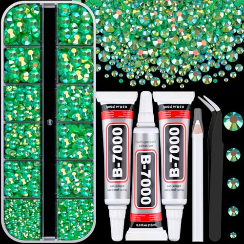 Image of Resin Rhinestones for Crafting with 3Pcs 10ml B7000 Jewelry Glue, 1 Box Dark Green AB Flatback Gems Crystals Diamond for Bedazzling Crafts DIY Nail Art Makeup, Gems for Clothing Tumblers Shoes