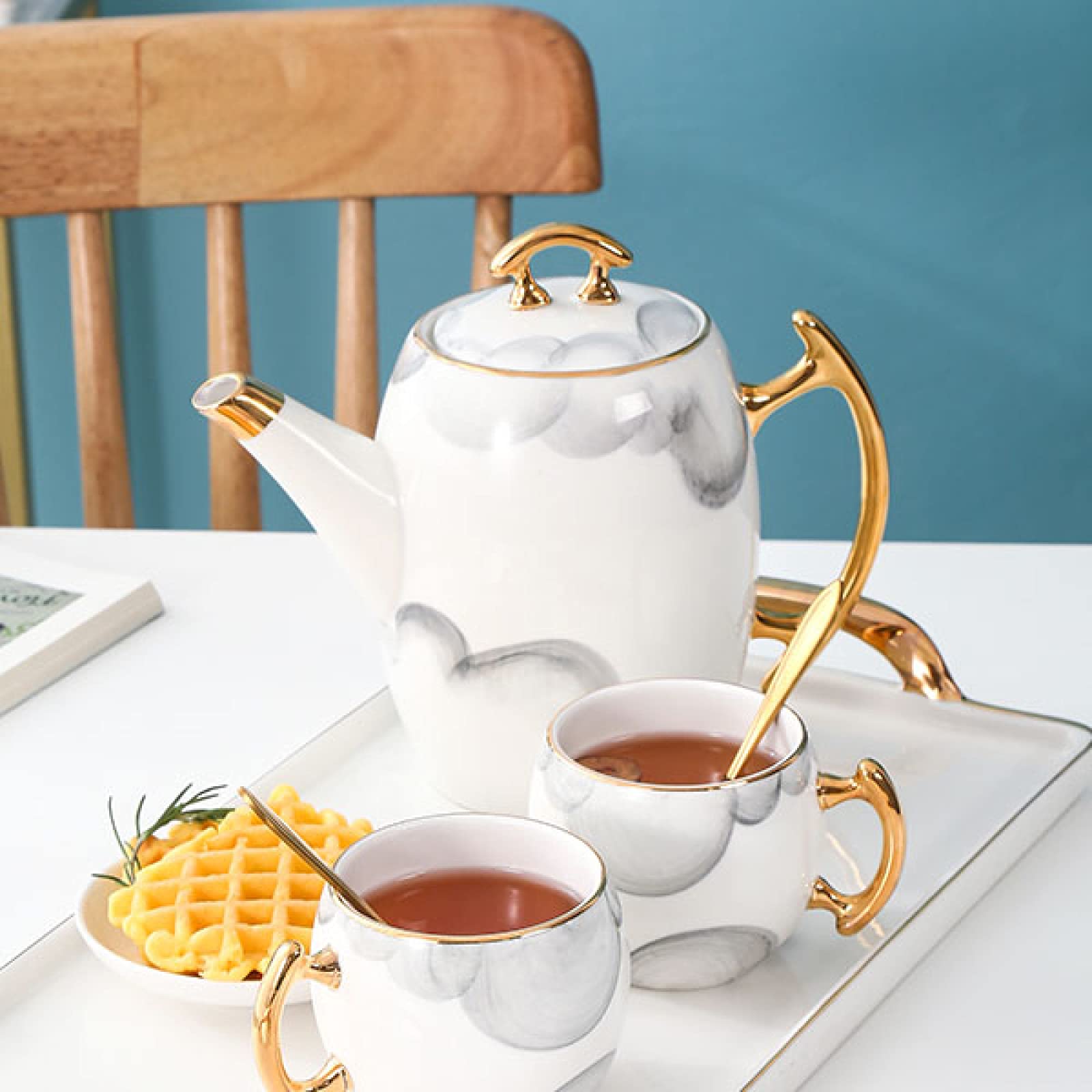 zestaw do herbaty, Zestawy do podwieczorku Zestaw herbaty dla dorosłych z czajniczkiem filiżanek kawy białej porcelany łyżkami, taca serwowania