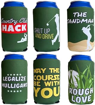 Funny Golf Themed Coozies - Great Gift for Any Golfer - Premium Neoprene Material - 6 Pack Standard 12oz Beer/Soda Can Design Set 3