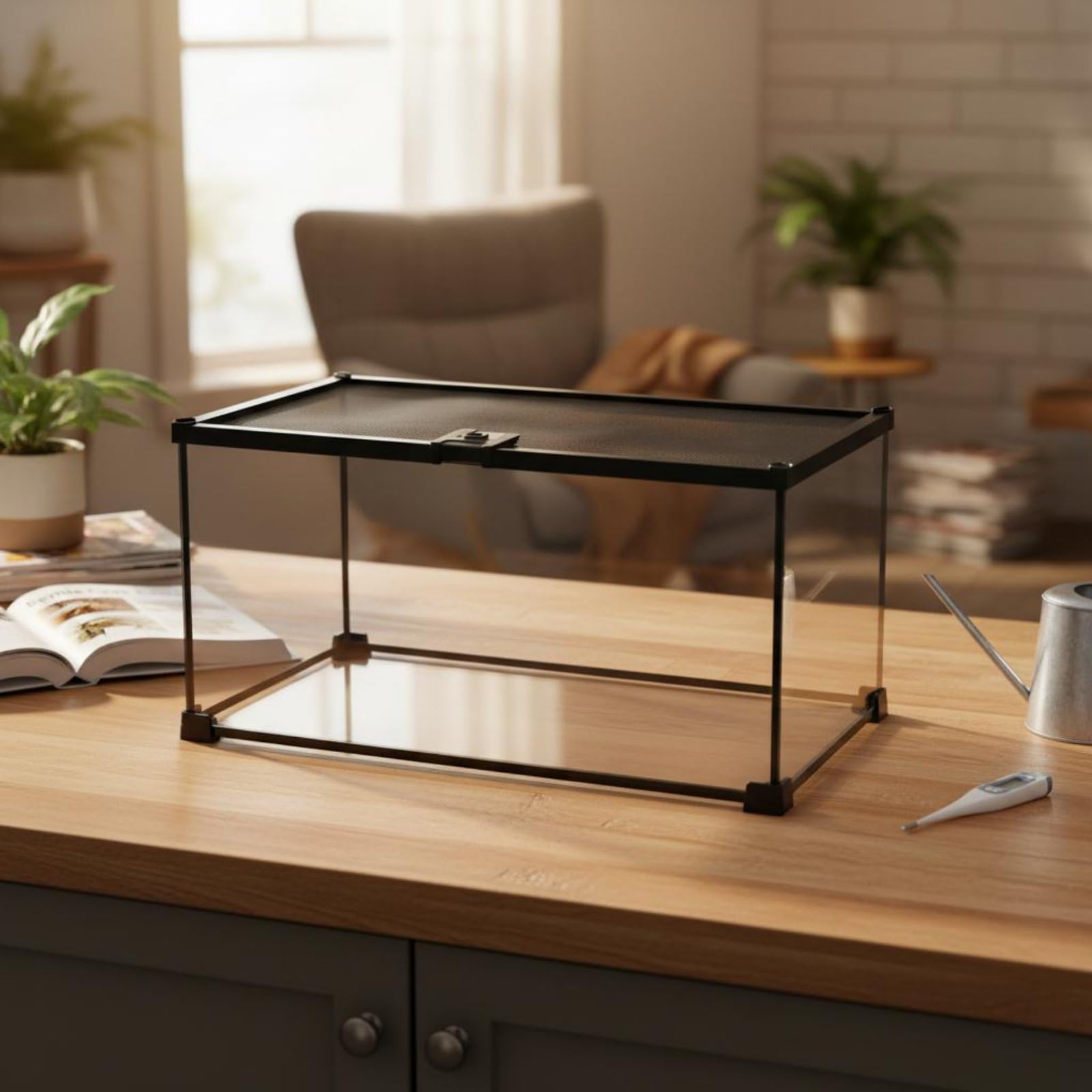 Terrario para Reptiles de Vidrio con Panorámica 360 Grados Diseño Seguro con Tapa de Malla Ventilación Estructura Apilable Adecuado para Serpientes Ranas Tortugas Hogar, 30x20x20cm