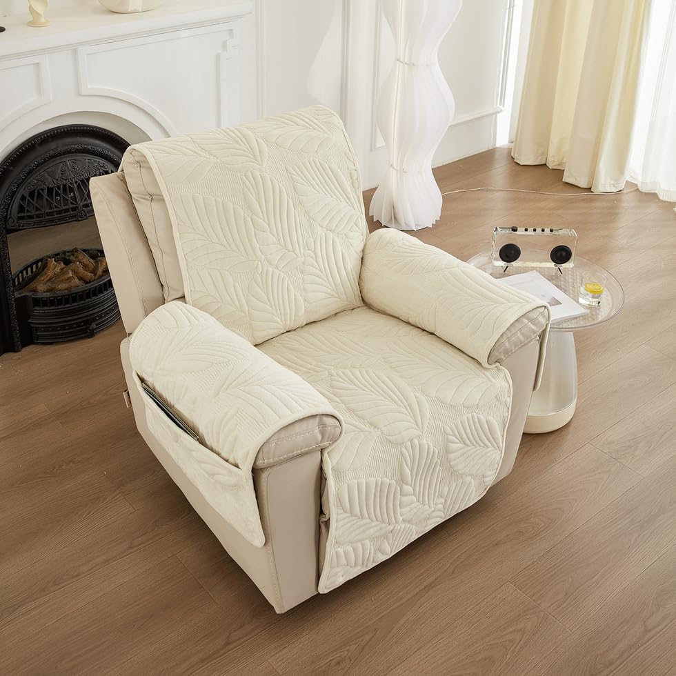ROOMLIFE Palm Leaves Velvet Plush Quilted Recliner Chair Covers, Soft Non-Slip Dog Chair Cover Furniture Protector Washable Slipcover with Pocket, Elastic Straps for Pets, Kids (White, 23.6"X 91")