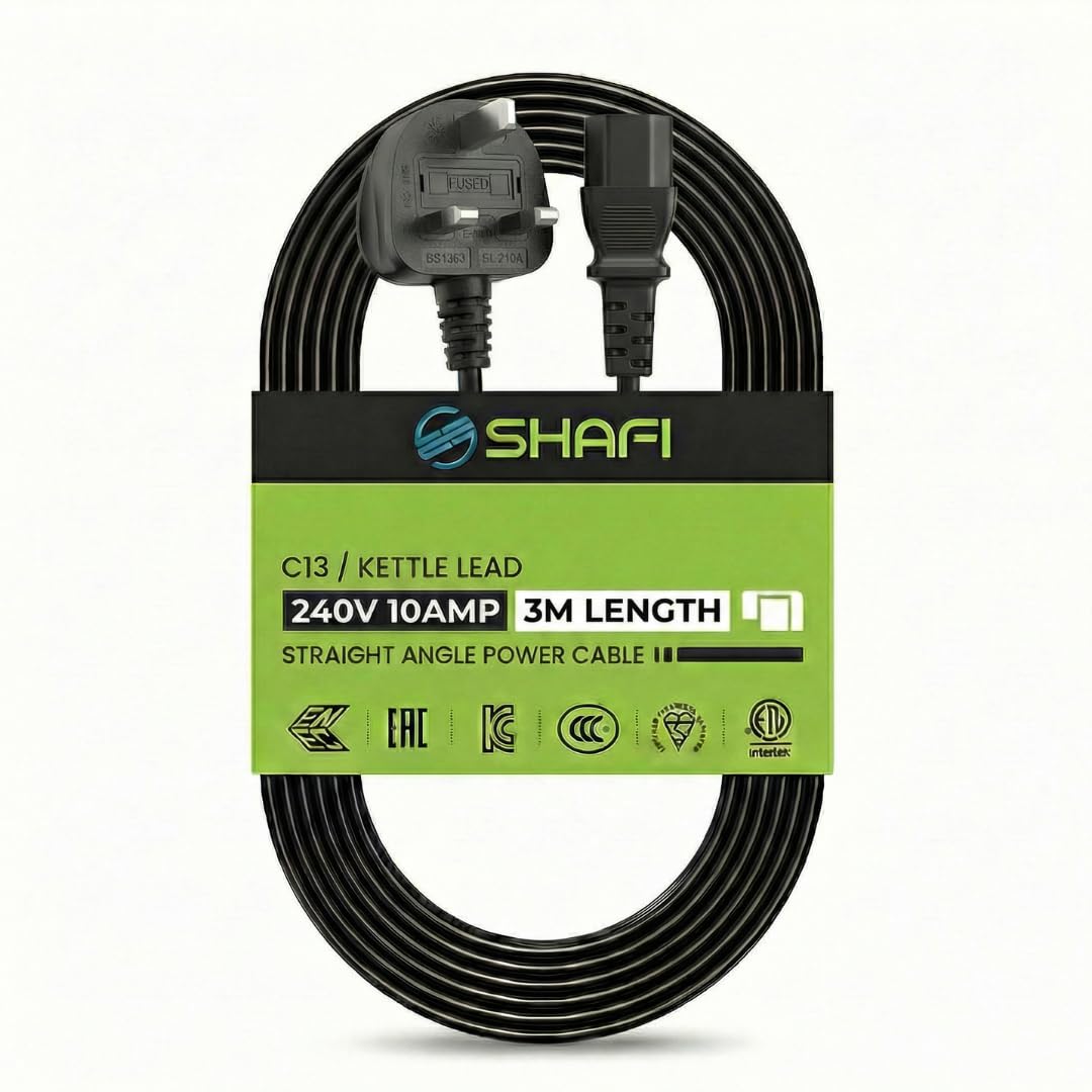 SHAFI® 3M Figure 8 Power Lead - Certified 90-Degree Right Angle 2-Pin IEC-C7 Cord - 3-Pin UK Plug 3A Fuse - Compatible PS4 & PS5 Power Cable UK Xbox Series X Smart LED TV Samsung TV LG TV Sony TV