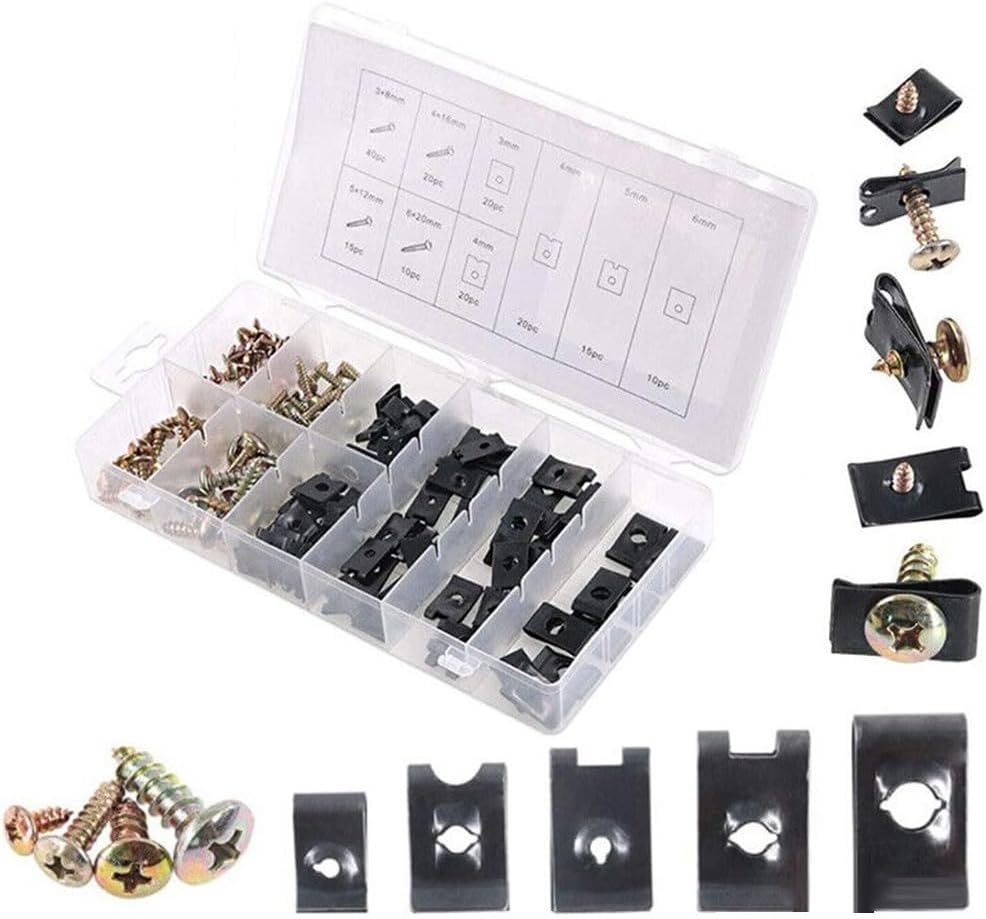 170-Piece U-Clip Nut and Screw Kit for Automotive Interior Trim, Dashboard, Door Panel, and Bumper – Metal Fastener Set for Cars and Trucks (For Most Vehicles)