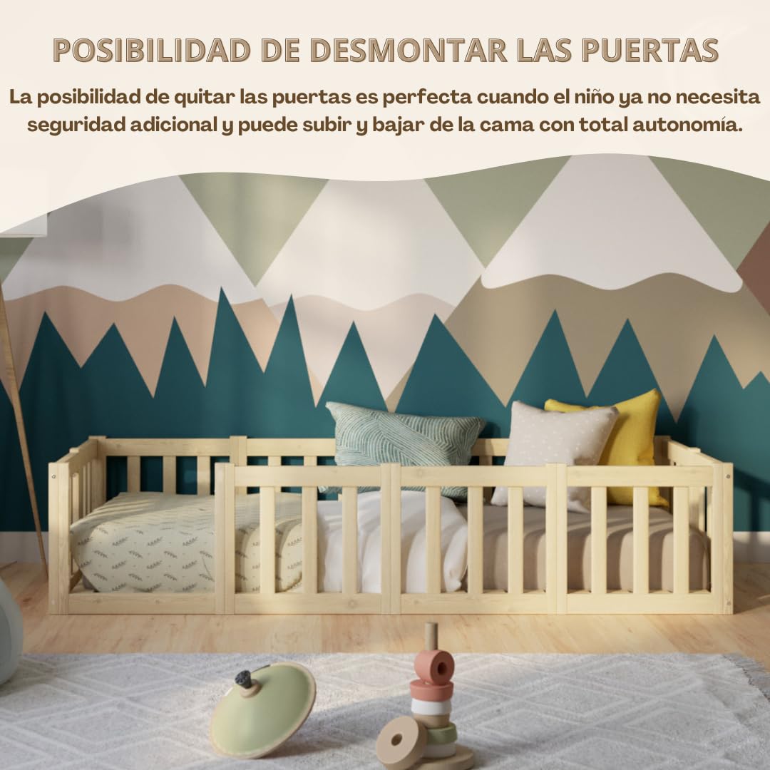 Cama Montessori 190x120 cm - Cama Infantil con Protección contra Caídas 40cm y Barrera Abrible - Camas Infantiles Superficie Lisa niños y niñas - Madera Natural