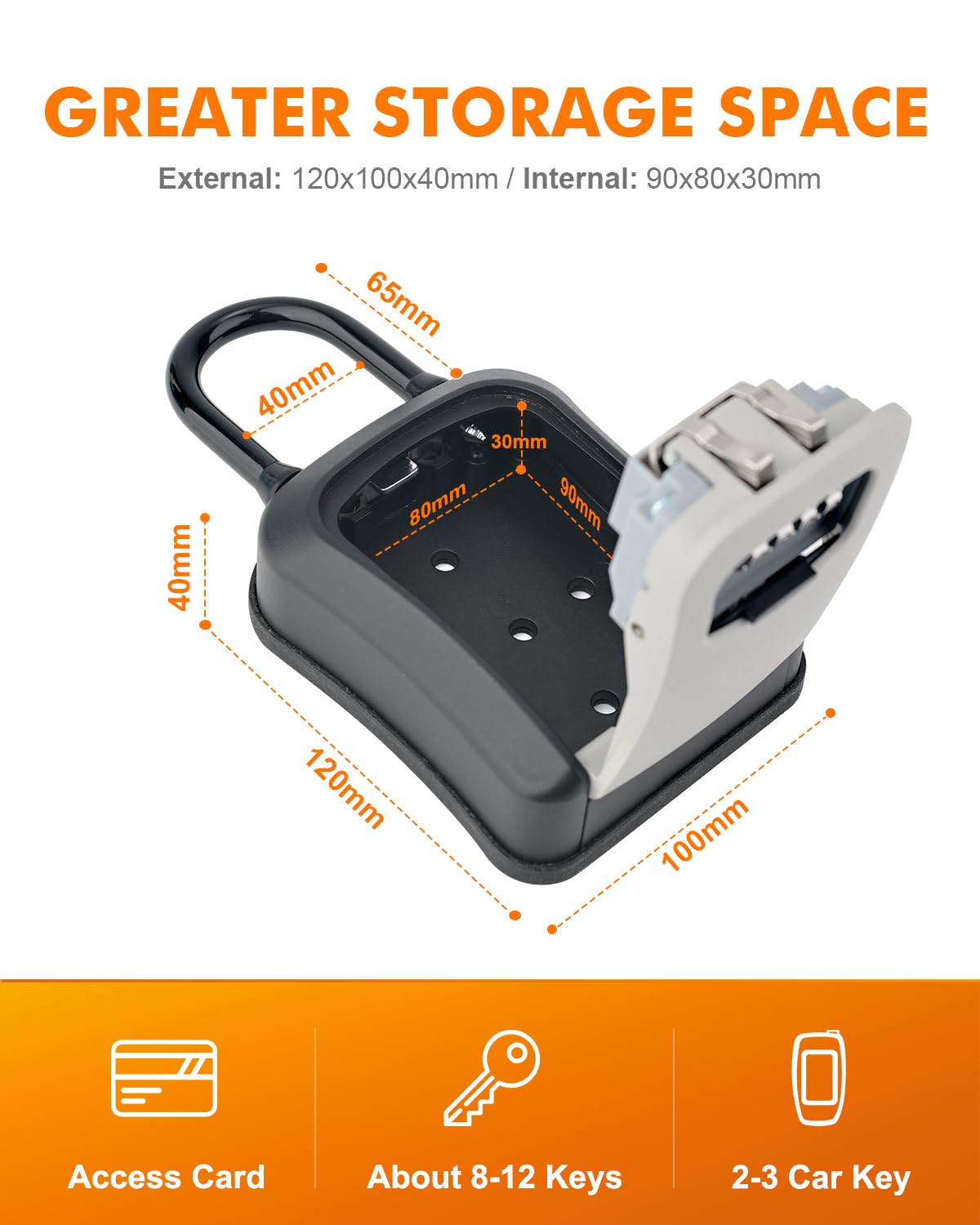 GRIFEMA GA1003-2 Key Safe Box, Lock Box, Key Cabinets with Hook, for Home Office, Grey, 9.5 cm (W) x 11.5 cm (L) x 9.5 cm (H) - Image 2