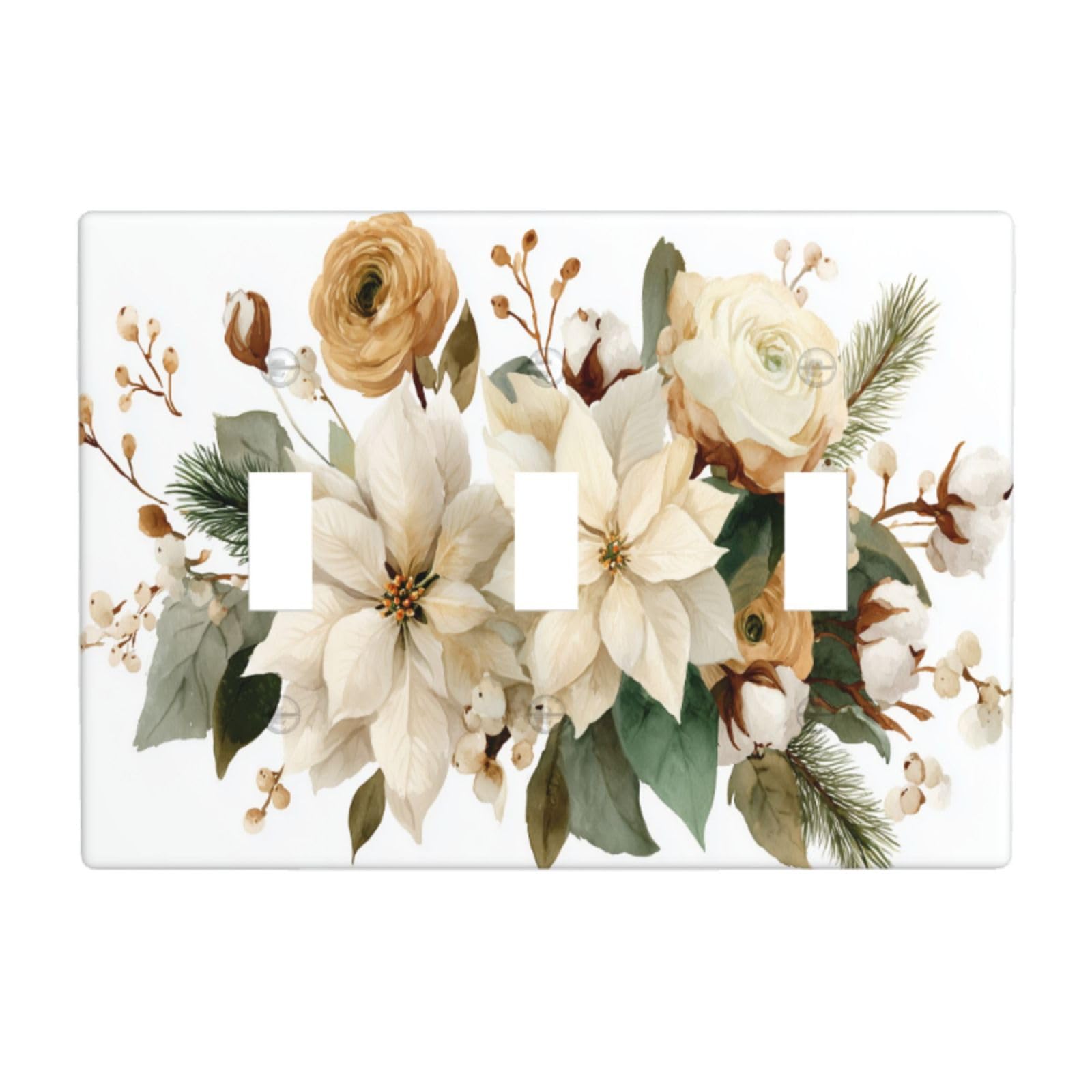 Woshuwo White Watercolor Christmas Poinsettias Roses Pine Sprigs Light Switch Covers 3 Gang Triple Toggle Wall Plate Switchplate Electrical Faceplate For Bathroom Kitchen Bedroom Decor