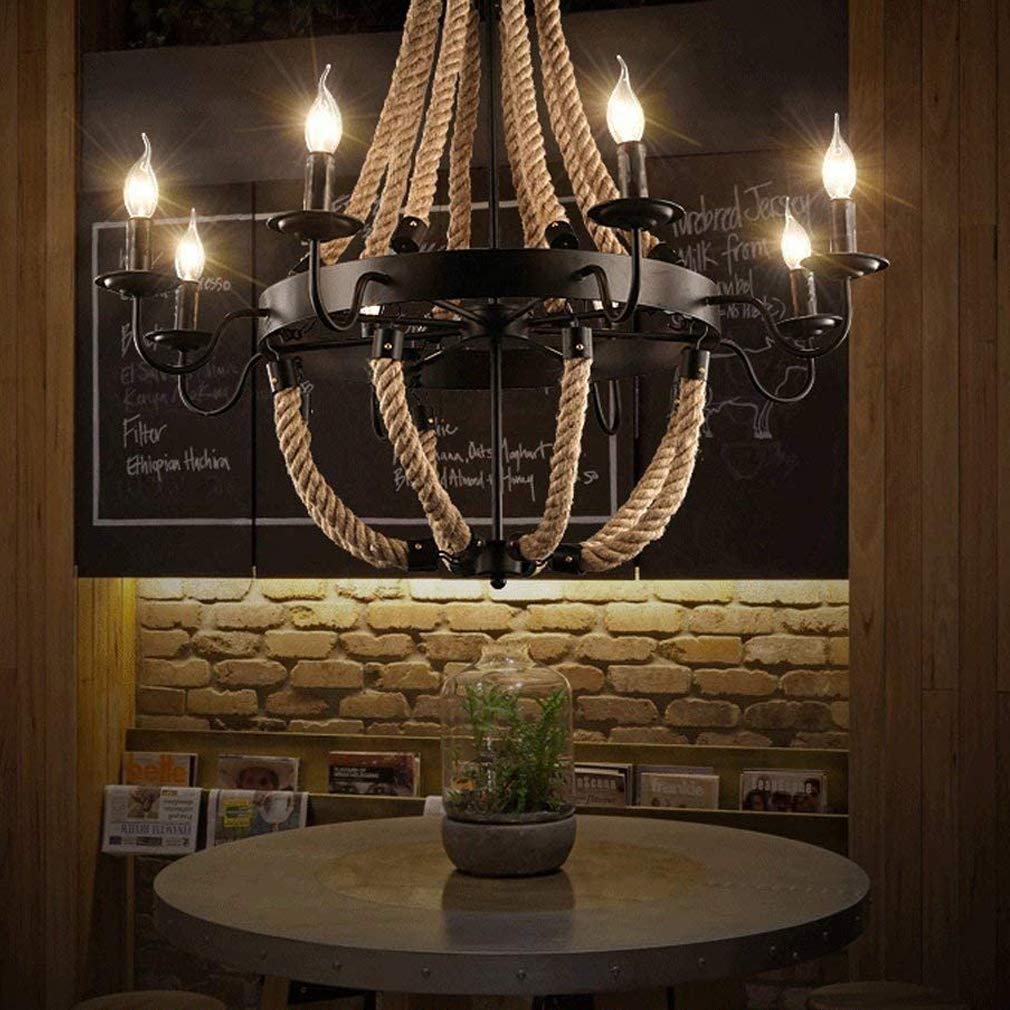 Rustikal Pendelleuchte Kronleuchter Schwarz industrial Vintage Hanfseil Hängelampe Esszimmerlampe Klassisch Retro Wohnzimmerlampe Landhaus Arbeitszimmer Lüster, 8-flammig E14, Höhenverstellbar, D85CM