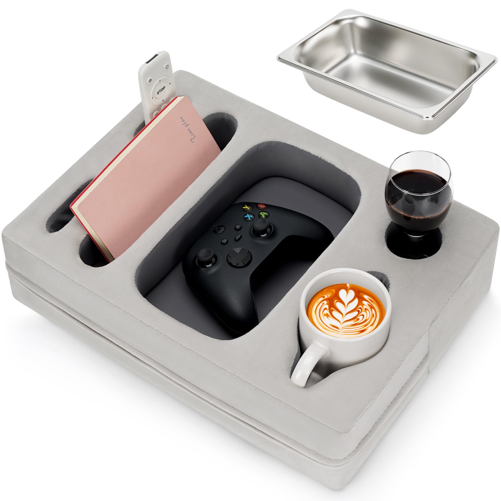 Couch Cup Holder Pillow - Sofa Cup Holder with Stainless Steel Bowl Couch Drink Caddy Remote Snacks Cozy Mug Cupholder Buddy for Bed, Car, Man Cave, Rv, Tv, Backseat