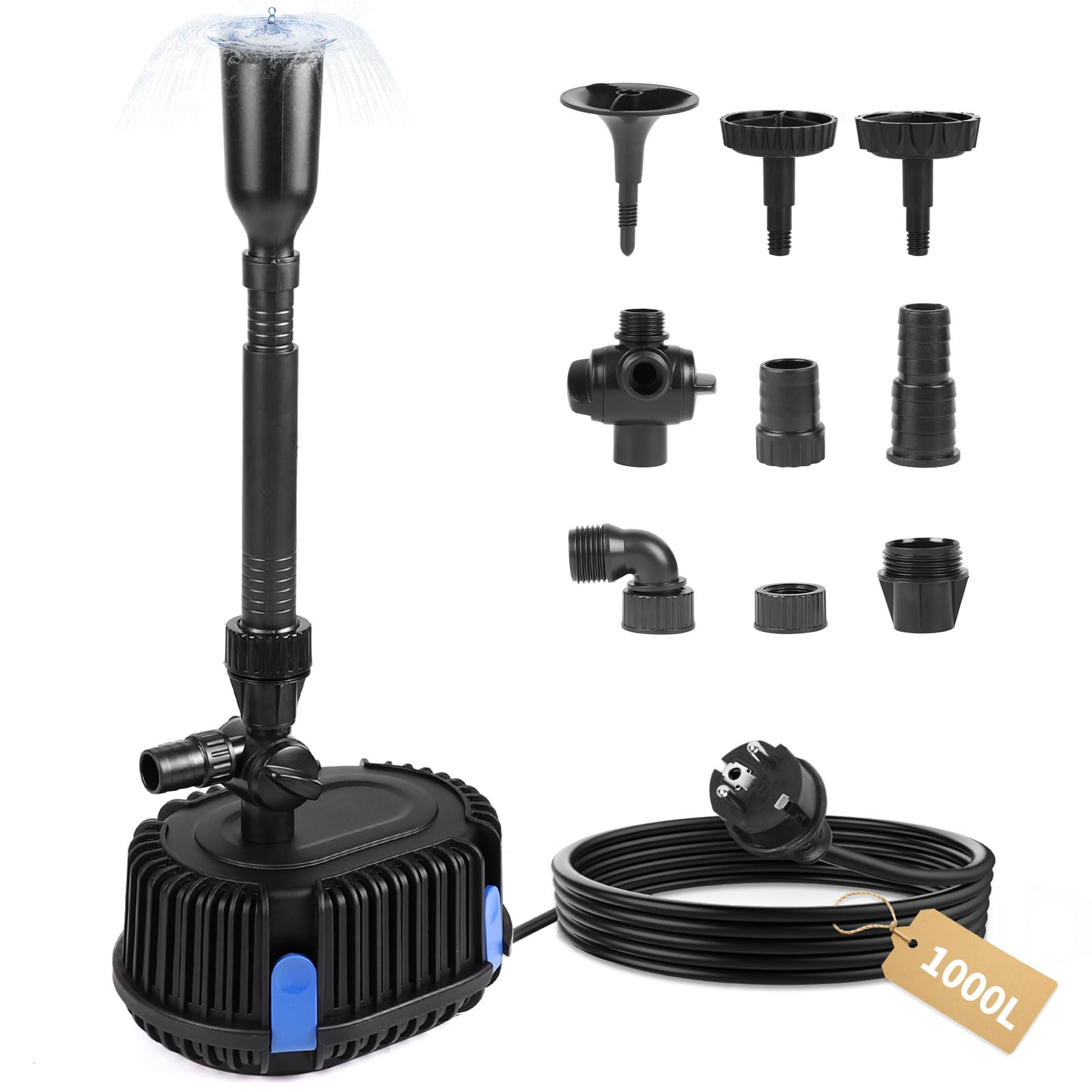 DBREAKS Pompa per Fontana 1000L/H 1,5M, Pompa per Laghetto con Cavo di Alimentazione da 10 M, Pompa ad Acqua Sommersa con Spugna Filtrante 20W, Pompa per Torrente, per Giardino, Laghetto, Fontana