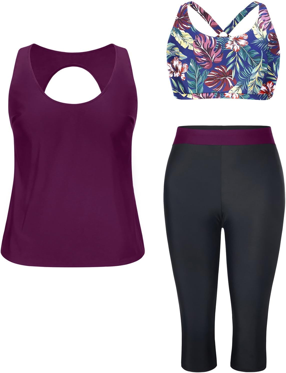 Yonique 3 Piece Plus Size Swimsuits for Women Tankini Tops with Sports Bra and Swim Capris Athletic Bathing Suits