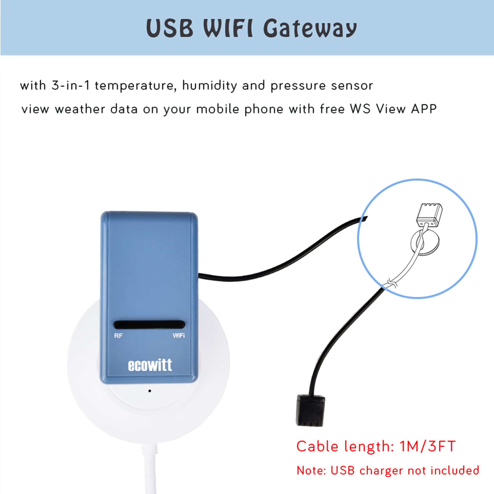ECOWITT Wetterstation mit Außensensor GW1101, drahtloser solarbetriebener 7-in-1-Außensensor, WLAN-Gateway für den Innenbereich GW1100, unterstützt das Hochladen Sever APP 868 MHz