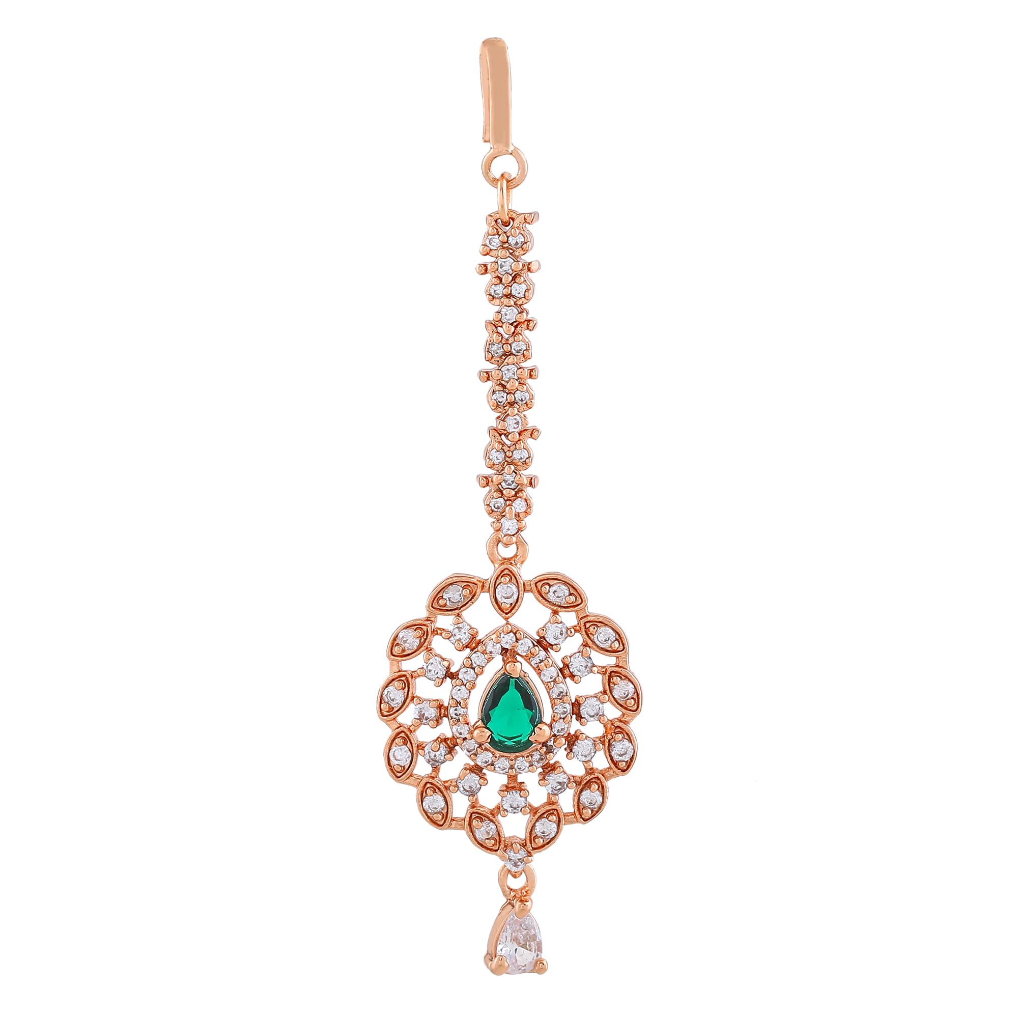 Rose Gold Plated CZ Fascinating Maang Tikka with Emerald Crystals for Girls and Women's-image-19