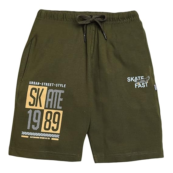 Hopscotch Boys Cotton Knee Lenght Printed Short in Olive Color