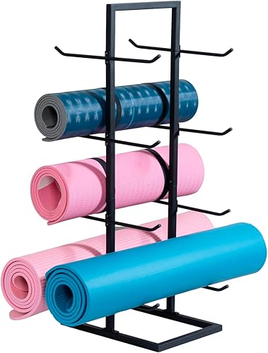 MyGift Soporte para tapete de yoga de 4 niveles, almacenamiento de rodillos de espuma, soporte independiente de doble cara de metal negro mate para