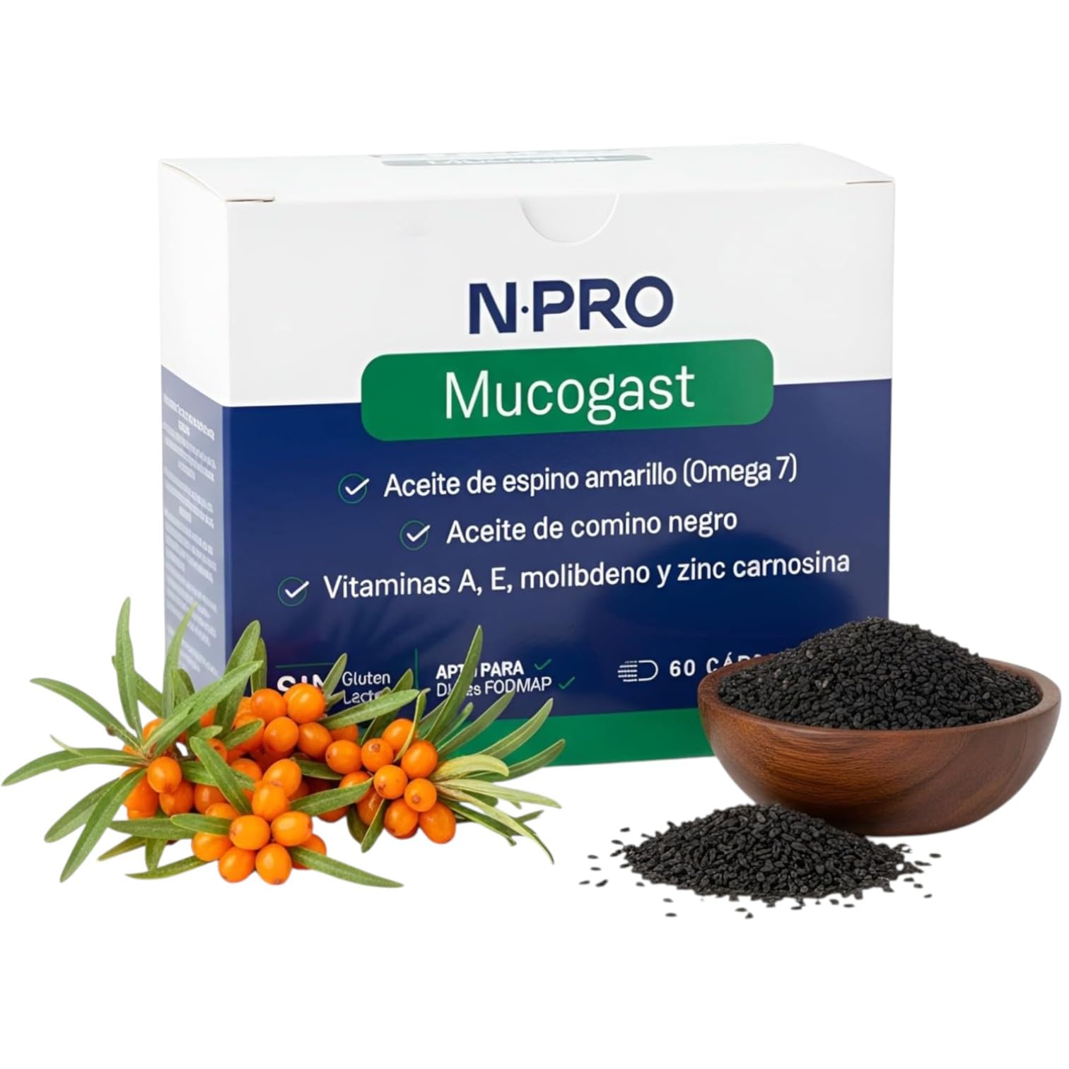 NPro SALUD INTESTINAL Mucogast 60 Perlas – Suplemento con Aceite de Espino Amarillo Omega 7, Comino Negro, Zinc y Carnosina – Protección y Cuidado de la Mucosa Gástrica