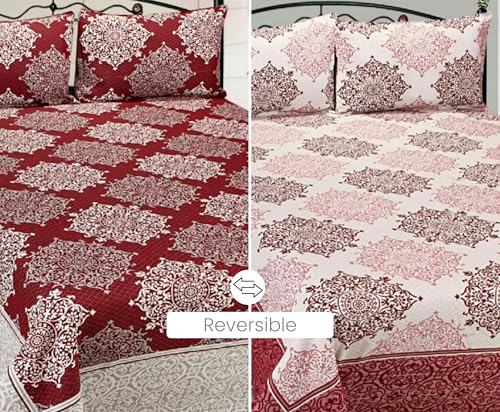 Image of Fresh From Loom Reversible 500Tc Bedsheet for Double Bed King Size Cotton | Traditional Print (90x100 Inches | 2 Pillow Cover | Maroon)