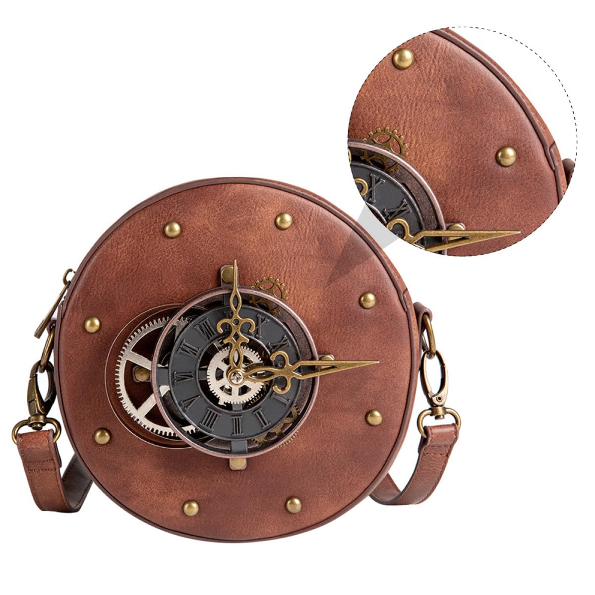 Veemoon Bolso de Hombro Mujer Estilo Steampunk Vintage Redondo, Piel Pu Negra, Bolsa de Almacenamiento Práctica para Uso Diario y Outfits Punk, Diseño Compacto y Moderno