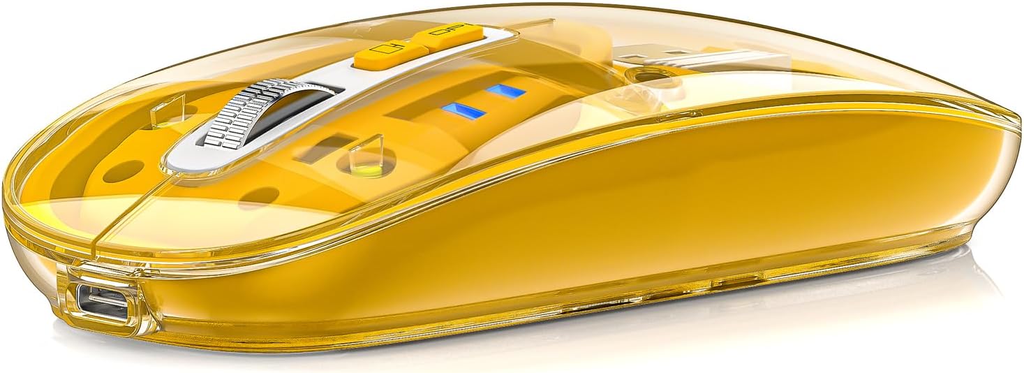 Uiosmuph Bluetooth Mouse Wireless, Tri-Mode (BT5.1/5.1+USB), USB C Rechargeable, Quiet Click, Transparent Cover, Battery Level Visible, for Laptop/Mac/iPad – Yellow Uiosmuph Bluetooth Mouse Wireless, Tri-Mode (BT5.1/5.1+USB), USB C Rechargeable, Quiet Click, Transparent Cover, Battery Level Visible, for Laptop/Mac/iPad – Yellow