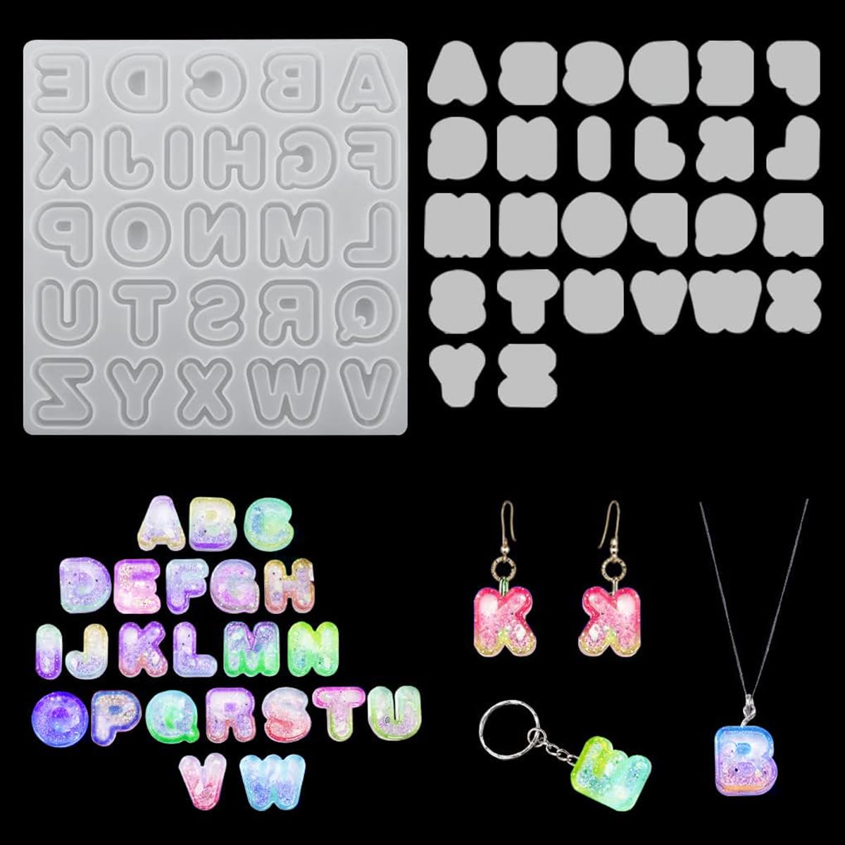 FineInno Resin Alphabet Silicone Moulds Kit Quicksand Epoxy Resin Moulds with 26pcs PVC Sheet Letter Shaker Casting Moulds for DIY Jewellery Pendant Keyring