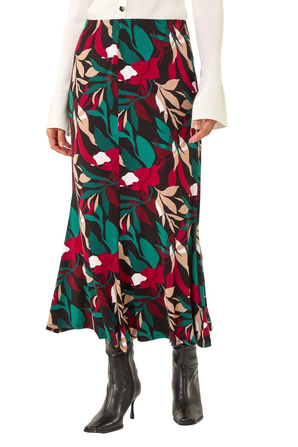 Roman Originals Women's Floral Red Roman Tulip Fluted Skirt For Uk - Paneled Autumn Winter Soft Evening Work Party Night Out Office Thick Work Floral Check Paisley Print Vacation Comfy - Size 10