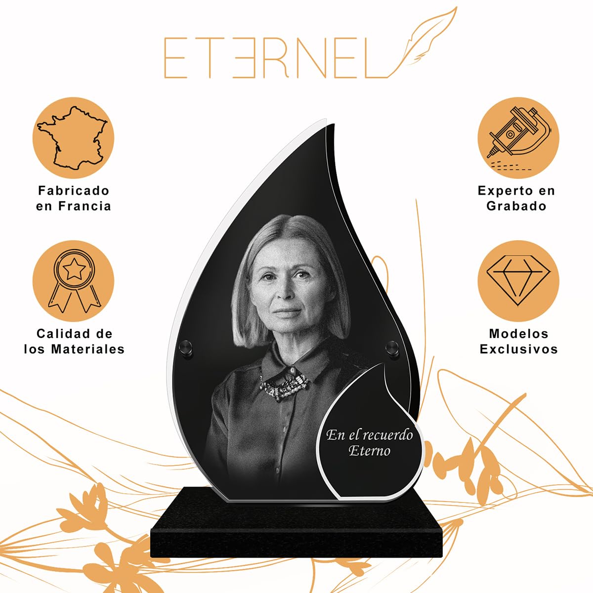 Eternel - Placa Funeraria Personalizada Doble Corazón - Foto Y Texto Personalizable, Placa Funeraria Grabada con Láser para Homenaje, Plexiglás, Lápida, Mortuorio, Ceremonia, Luto