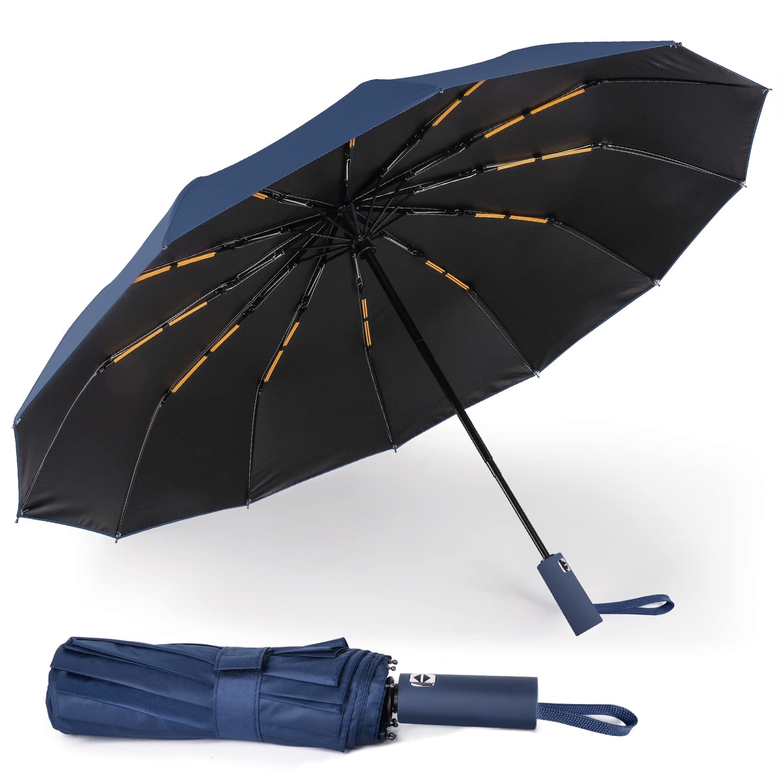 LAMA Składany parasol, odwrócony parasol, wiatroszczelny, mocny, automatyczne otwieranie/zamykanie, anty-UV, kompaktowy, przenośny parasol podróżny z paskami odblaskowymi na deszcz, słońce
