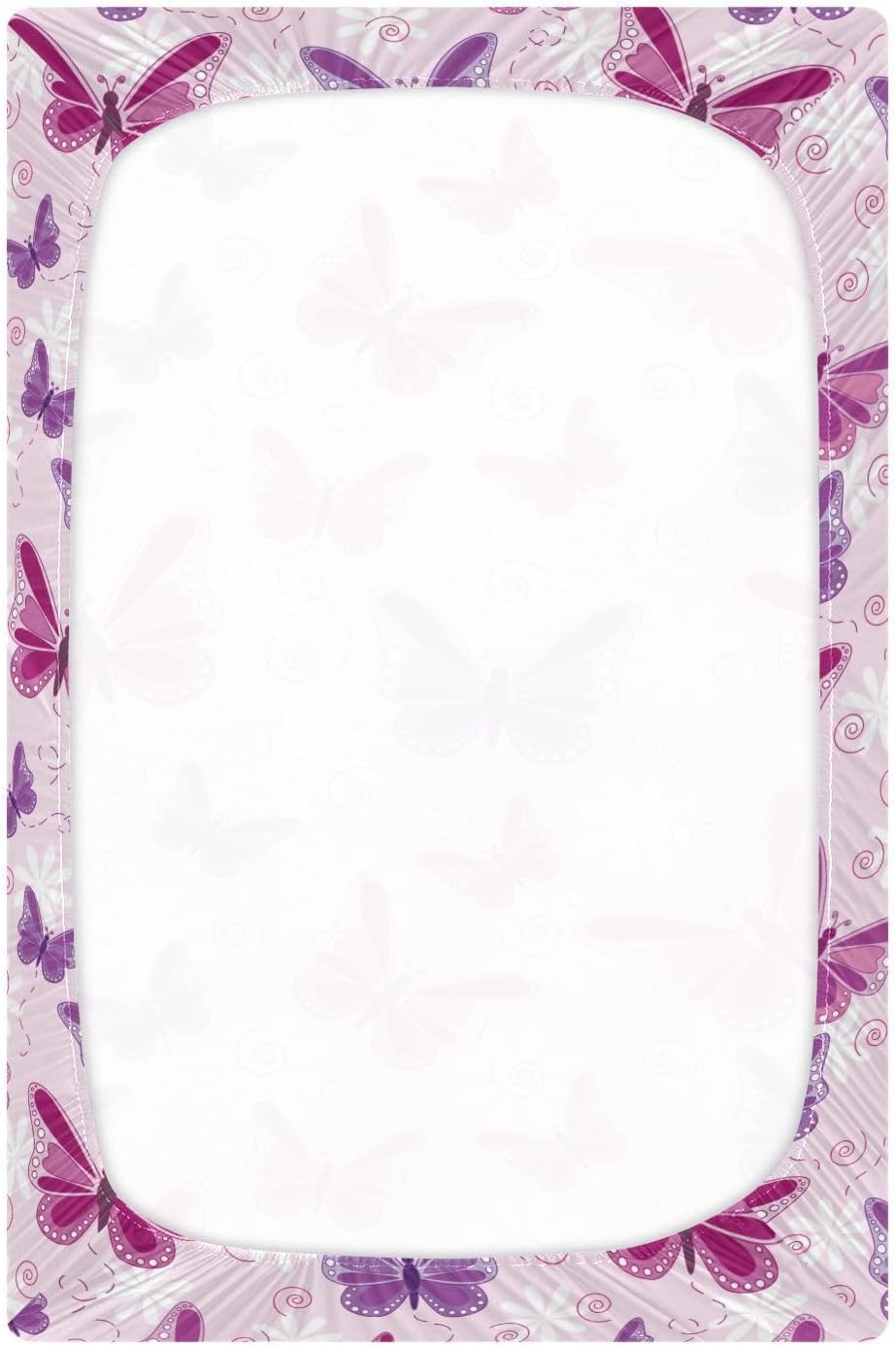 Butterfly Themed Baby Crib Sheets Pink and Purple Flying Butterflies on Floral Playard Sheets Toddler Bed Sheets Cartoon Fitted Mini Crib Mattress Cover for Unisex Boys Girl 27x39 Inch