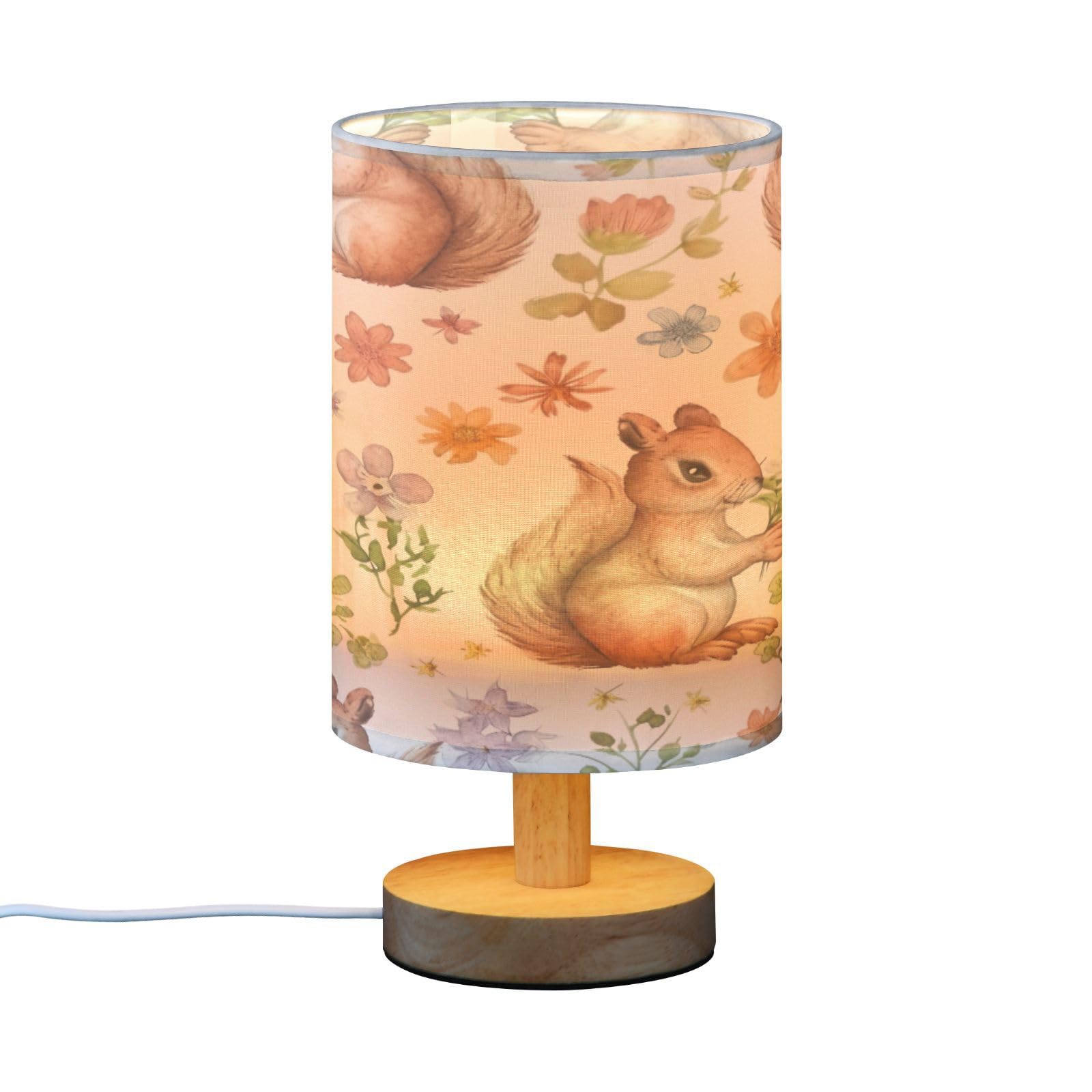 SDMKA Squirrel and Flowers Bedside Table Lamp for Bedroom, Minimalist Nightstand Lamp with Round Fabric Shade for Living Room, Office, No Bulb Required
