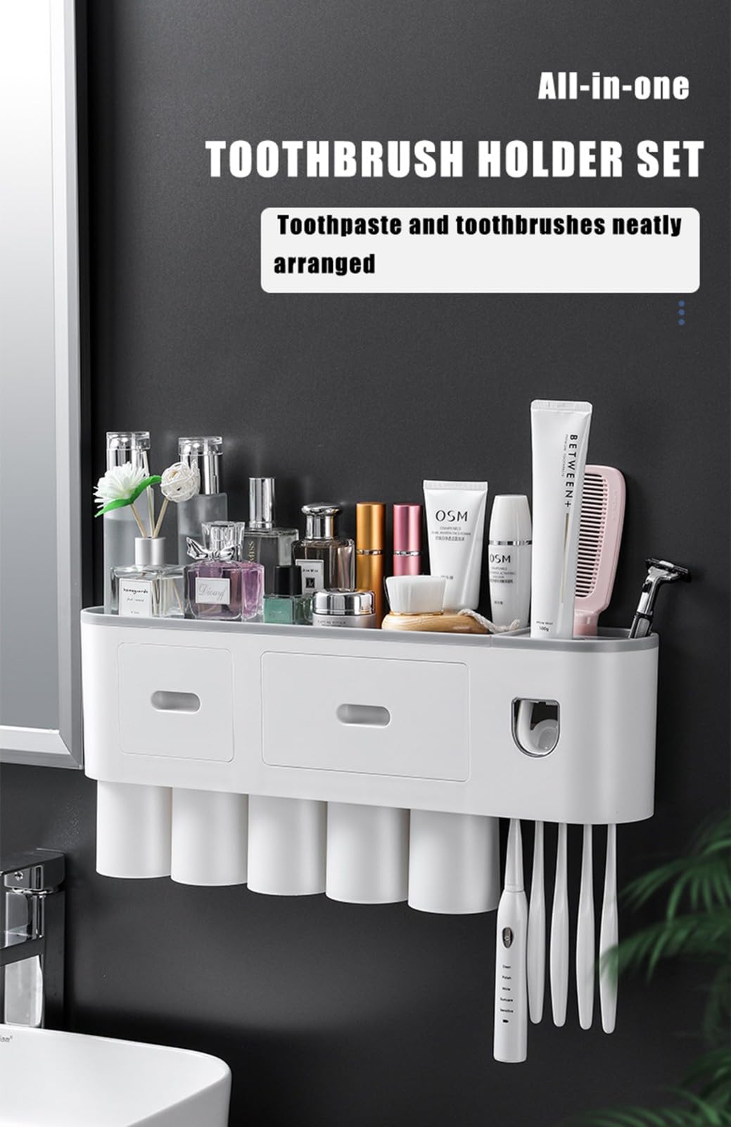 Zahnbürstenhalter Wand Mit Zahnpastaspender, Großer Kapazität Mit Kosmetik-Organizer-Schublade,Pinselschlitzen, Magnetischen Bechern Für Große Familien,Grau,5 Cups
