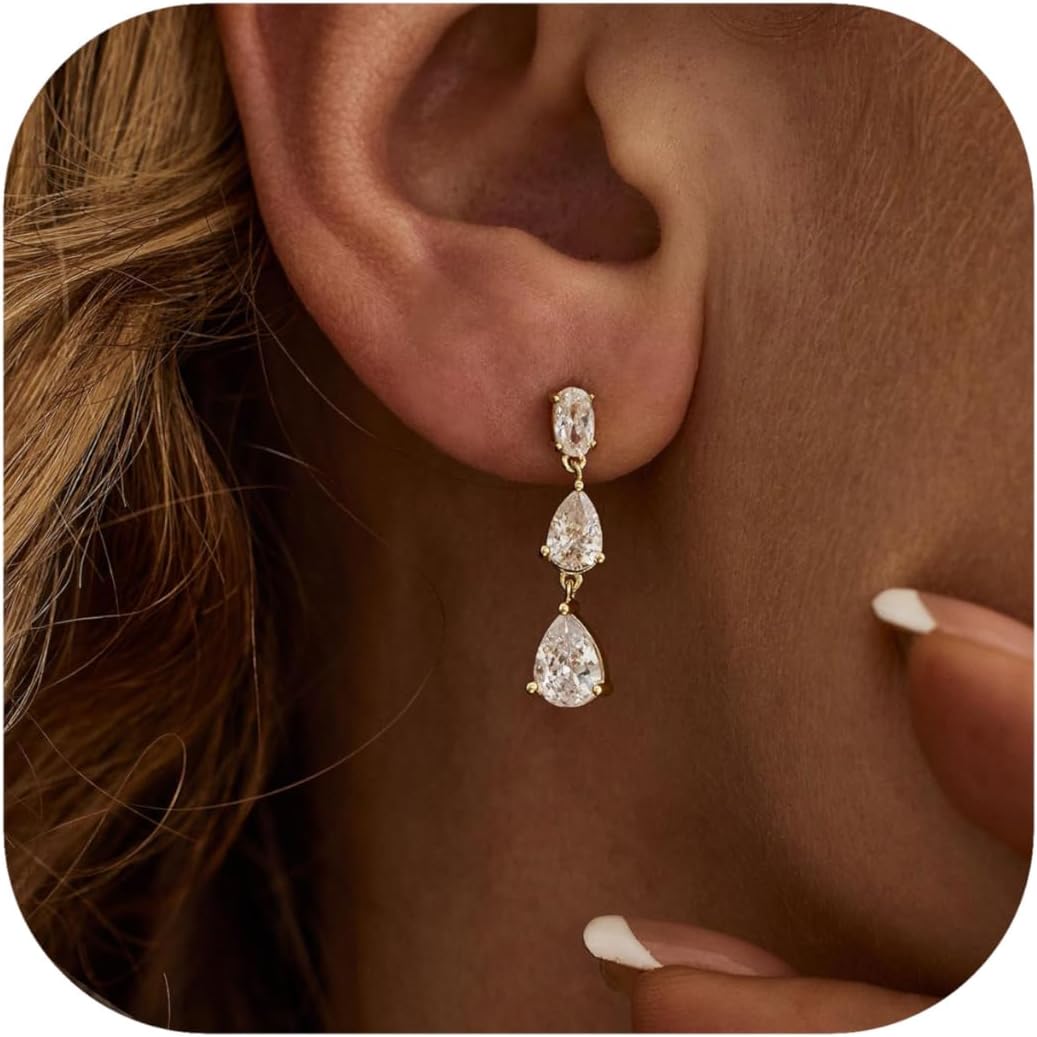 Dangle Drop Earrings for Women Wedding Bridal Rhinestone Long Cubic Zircon Dangling Crystal Chandelier Sparkly 14K Gold Plated Dainty Trendy Jewelry