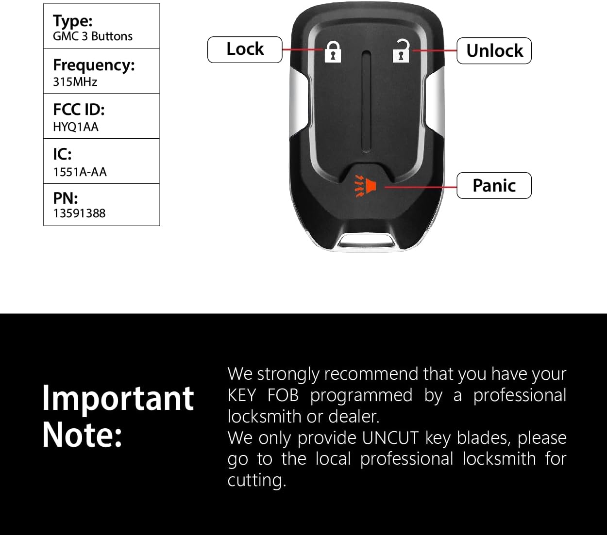 Replacement for 2018 2019 2020 GMC Terrain Yukon Yukon XL Chevrolet Suburban Tahoe Key Fob Remote Control HYQ1AA 3 Buttons 315MHz
